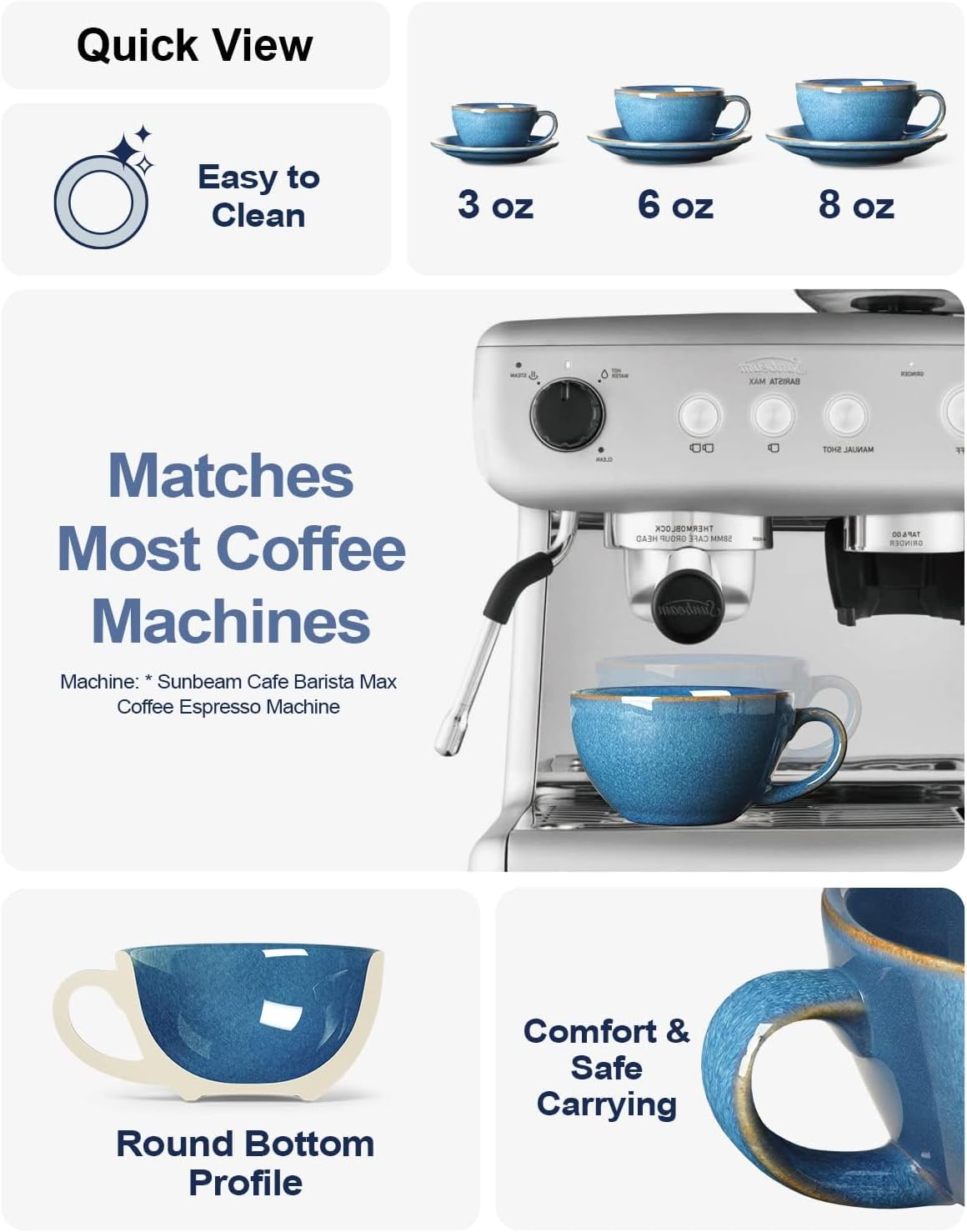 LE TAUCI 6 oz Cappuccino Cups with Saucers, Ceramic Coffee Cup for Au Lait, Double shot, Latte, Cafe Mocha, Tea - Set of 4, Ceylon Blue