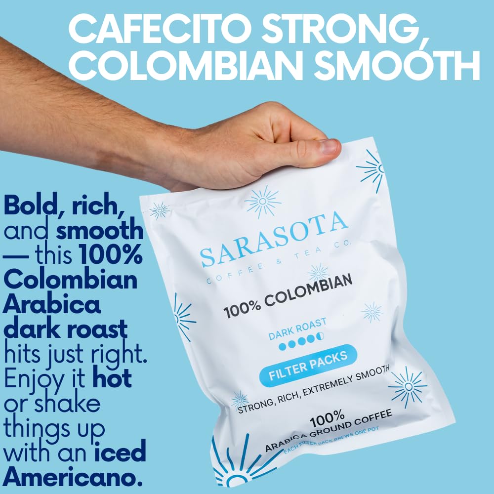 100% Colombian Dark Roast Ground Coffee in Filter Packs | Low Acid Mold Free Premeasured Pouches | Sampler Packets | Gourmet Powder Bags for 10–12 Cup Drip Maker | Highest Rated Individual Coffee