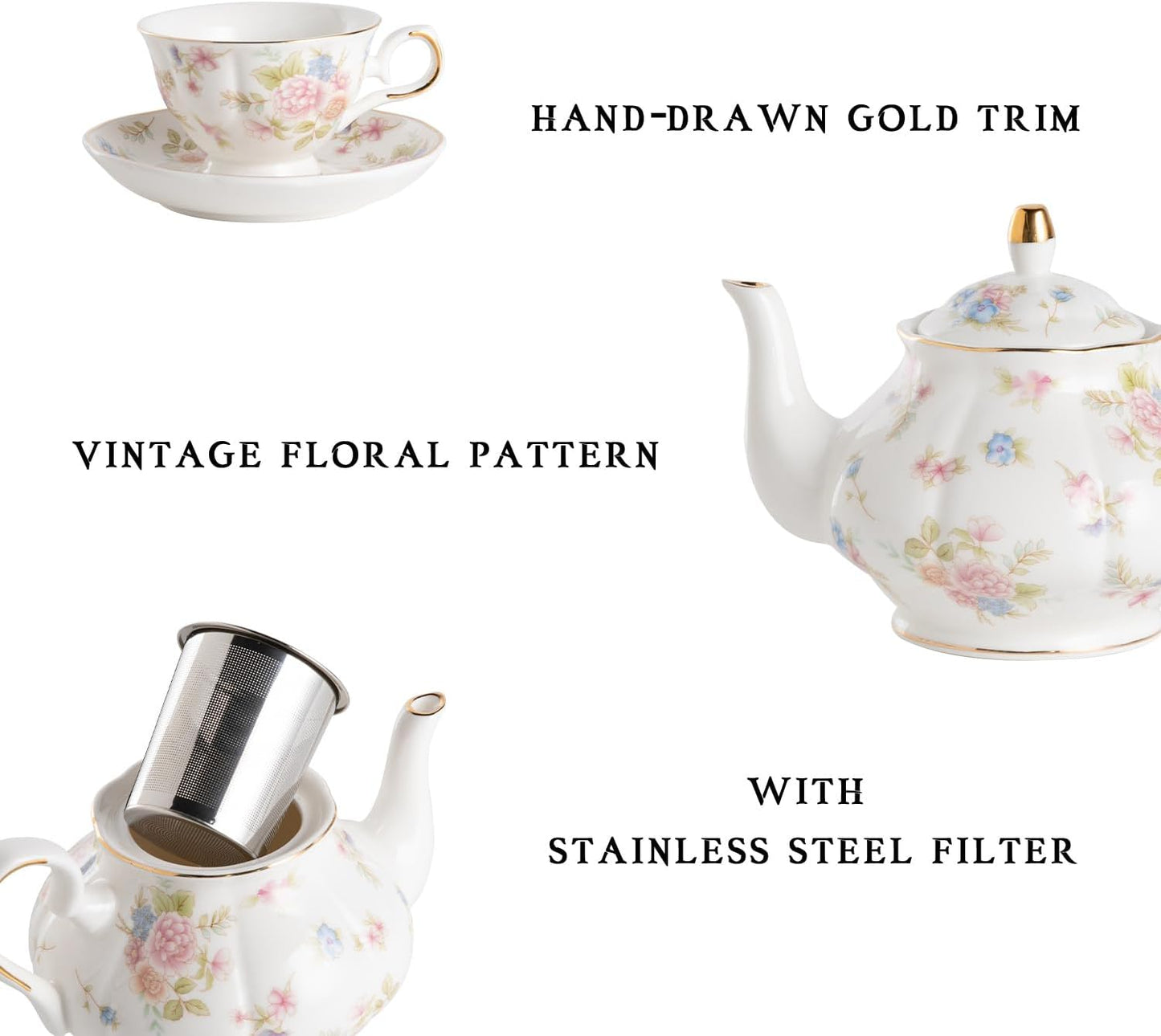 Sweejar Porcelain Tea Sets, Vintage British Floral Relief Gold Rimmed Teapot Cup and Saucer Set, Tea Set Service for 6, with Teapot, Sugar Bowl, Milk Jug, Spoons, Tea Cup and Saucer (Small Flower)