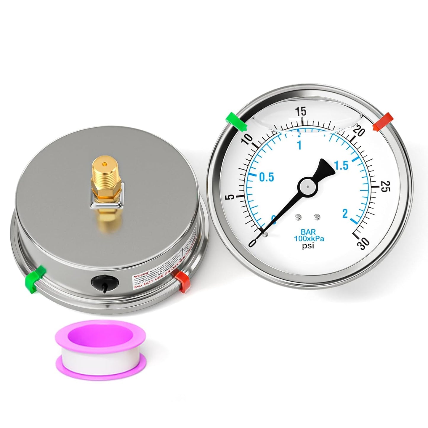 0-30PSI Stainless Steel Liquid Filled Pressure Gauge, 4" Dial Size, 1/4" NPT Back Mount, for Tube, Water Pump, Gas, Liquid, Pressure Test (with Range Mark Pointer)