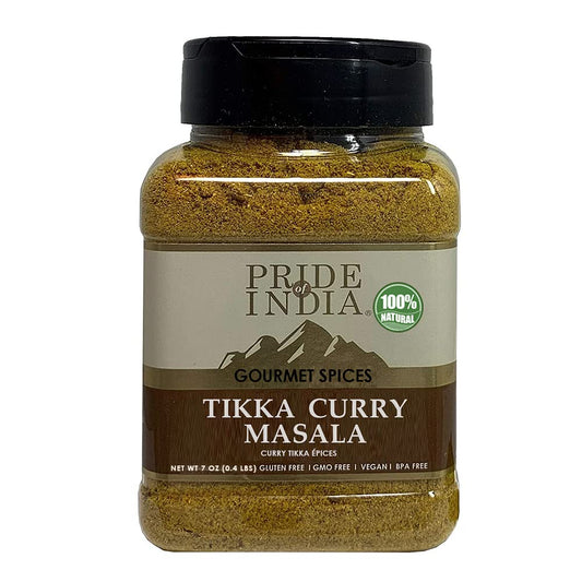 Pride of India – Tikka Curry Masala Seasoning Spice – Gourmet Curry Mix – Ideal for Vegetarian and Meat Dishes – Natural & GMO Free – Easy To Use - 7 oz. Medium Dual Sifter Jar