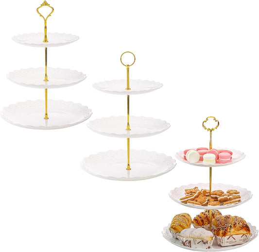 Tosnail 3-Pack 3-Tiers White Plastic Cupcake Stand, Dessert Serving Trays, Party Serving Tray Fruit Pastry Holders Catering Tray for Wedding, Party, Gathering - Round with Gold Rod