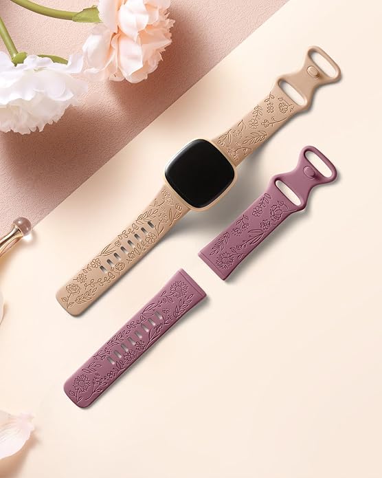 SNBLK 2 Pack Engraved Bands Only Compatible with Fitbit Versa 3/Fitbit Sense/Fitbit Versa 4/Fitbit Sense 2 Bands Four Models, Sunflower Rose Elegant Soft TPU Floral Pattern Replacement Strap Women