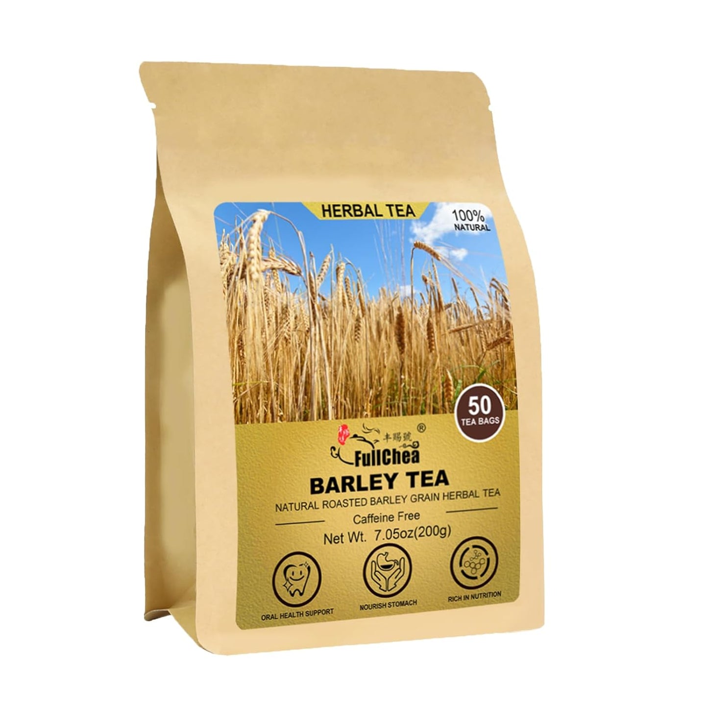FullChea - Barley Tea, 4g X 50 Count - Premium Natural Roasted Barley Grain - Mild Baking Type - Non-GMO - Caffeine-free - Damai Cha - Digestion Support & Rich in Nutrition