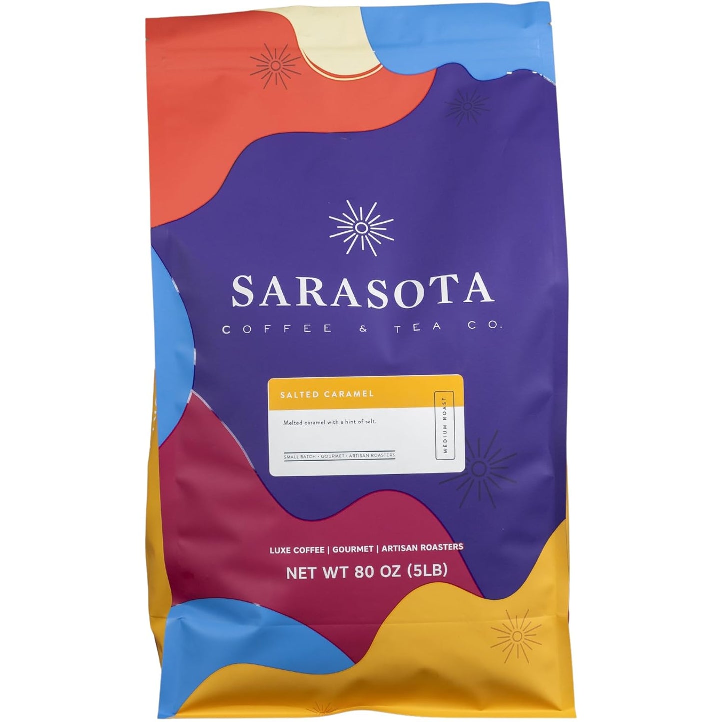 Sarasota Coffee Whole Bean Salted Caramel | Medium Roast Gourmet Flavored Coffee Beans | Low Acid, Mold Free, Specialty Grade Bulk Beans | 5lb (80 oz)