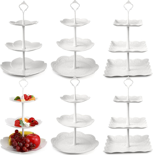 Sawysine 6 Pack 3 Tiers Dessert Stand Plastic Cupcake Stand Serving Trays Cupcake Display Stand Cookie Tray for Party and Platter for Home(White)