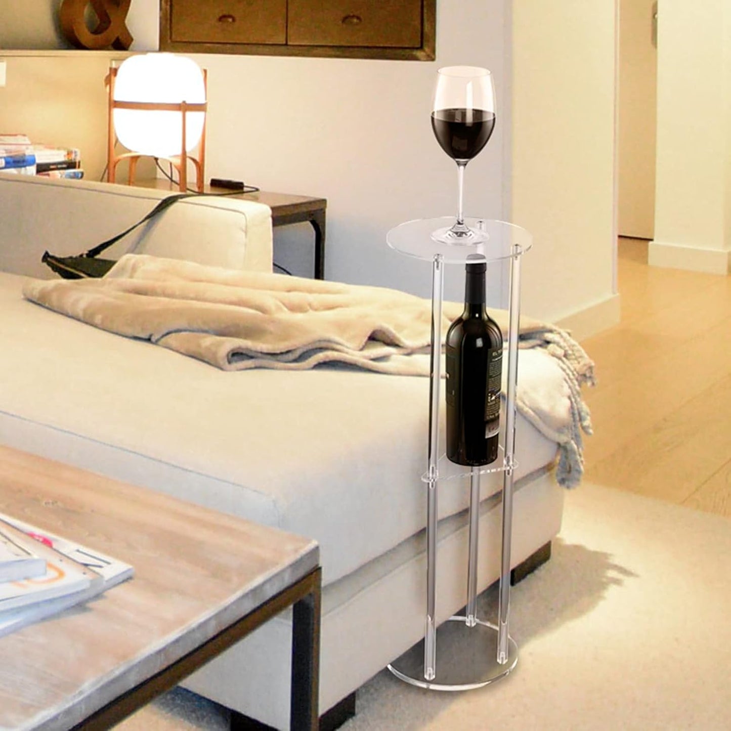 HMYHUM Clear Acrylic Drink Table for Small Spaces, Small Martini Drink Side Table for Living Room, 3 Tiers, C Shaped, 8" L x 8" W x 26" H