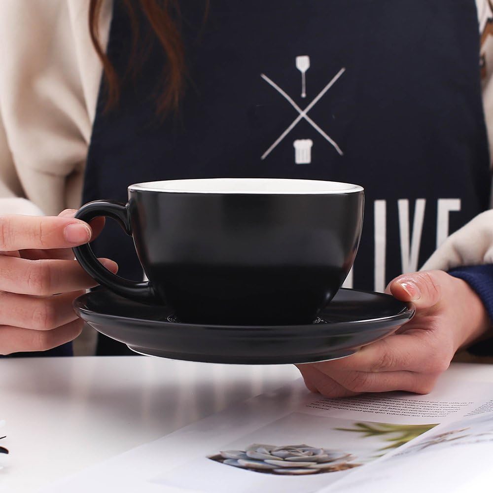 Ceramic Cup and Saucer Cappuccino Latte Art and Manual Brew Coffee (Matte Black, 8.5 oz)