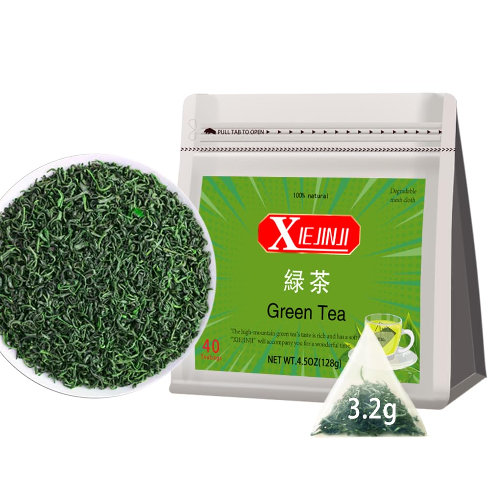 XIEJINJI Green Tea, 3.2g*40 Tea Bags, Whole Leaf Tea, No Sugar - No Additives, see-through compostable teabags