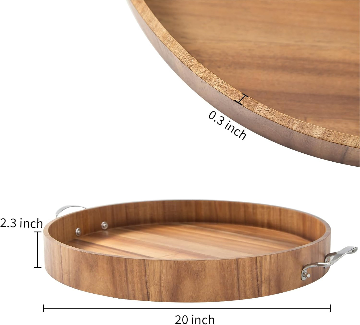 Ottoman Tray with Handles, 20 Inch Round Ottoman Tray Large Trays for Ottomans Wooden Serving Tray Decorative Trays for Living Room, Party, Breakfast, Drinks, Snacks, Appetizers