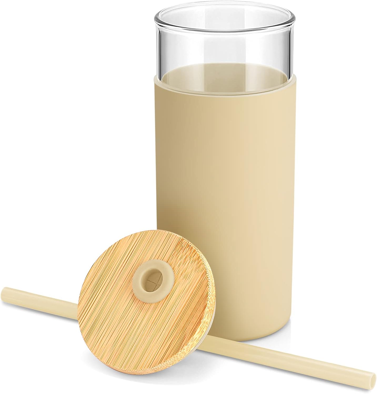 Tronco 20 oz Glass Tumbler Glass Water Bottle Straw Silicone Protective Sleeve Bamboo Lid - BPA Free (Gravel Ash)
