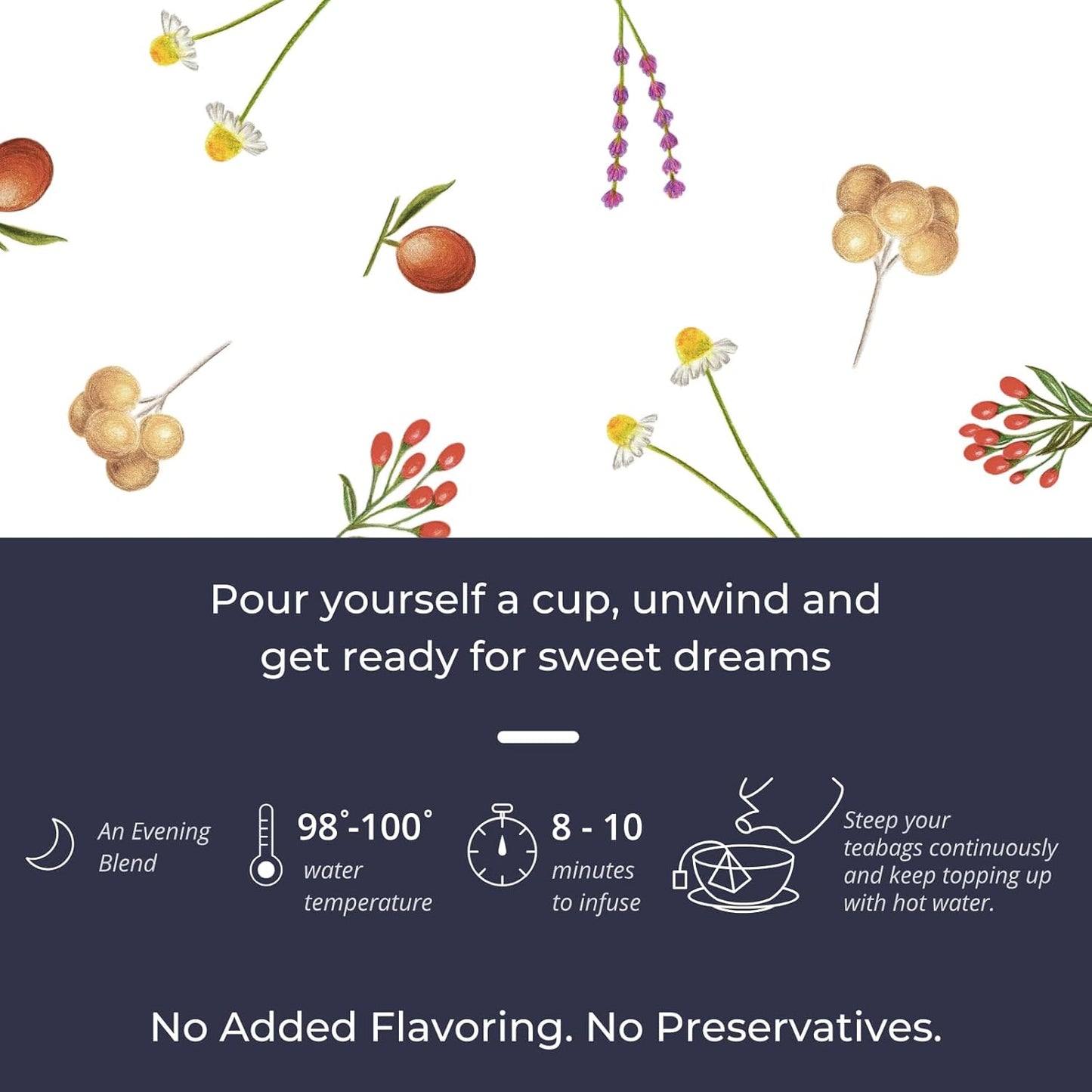 Tily Tea Evening Calm Herbal Tea - Nighttime Tea with Chamomile and Lavender - Caffeine Free - 10 Plastic-Free Teabags