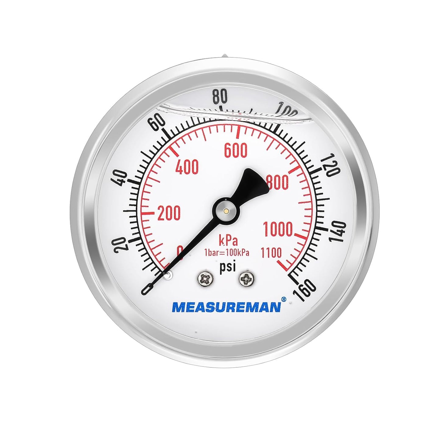 MEASUREMAN 2-1/2" Dial Size, Glycerin Filled Pressure Gauge, 0-160psi/kpa, 304 Stainless Steel Case, 1/4" NPT Center Back Mount