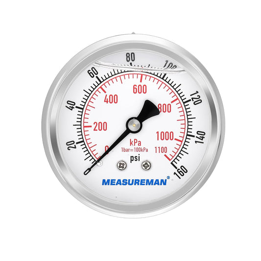 MEASUREMAN 2-1/2" Dial Size, Glycerin Filled Pressure Gauge, 0-160psi/kpa, 304 Stainless Steel Case, 1/4" NPT Center Back Mount