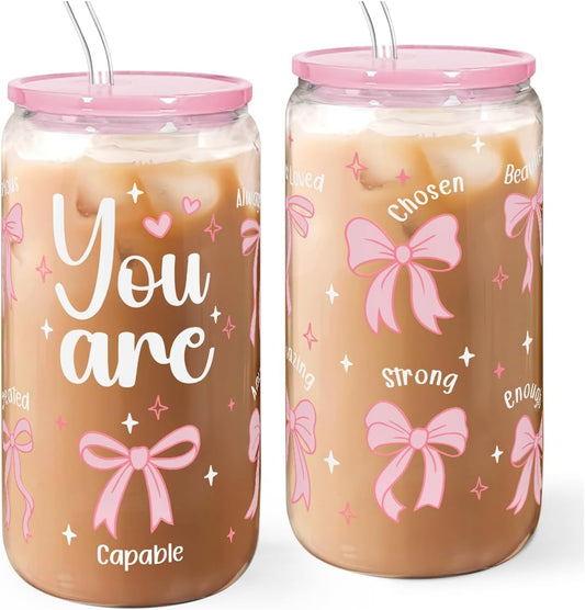 Christian 16oz Can Glass Tumbler with Acrylic Lid & Straw, Iced Coffee Cup for Women Girls, Aesthetic Cups Gifts for Birthday Christmas