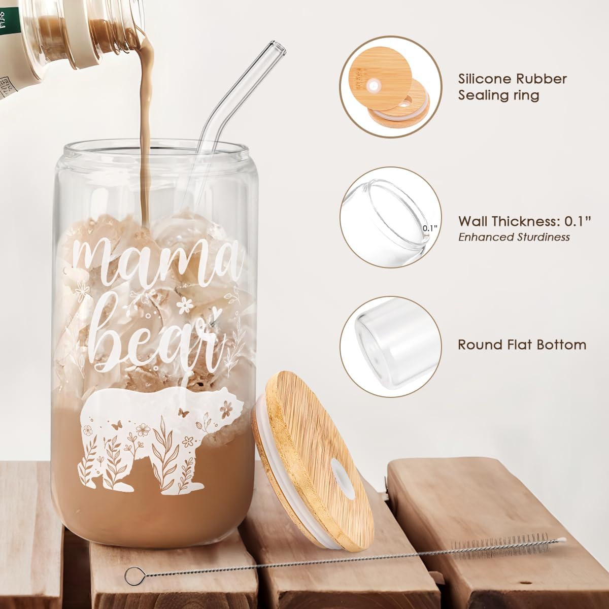 Mom Gifts - Mama Bear 16 Oz Can Glass Tumbler with Bamboo Lid and Straw - Iced Coffee Cups for Women, Aesthetic Glass Cup Gift for Birthday Christmas Mother's Day