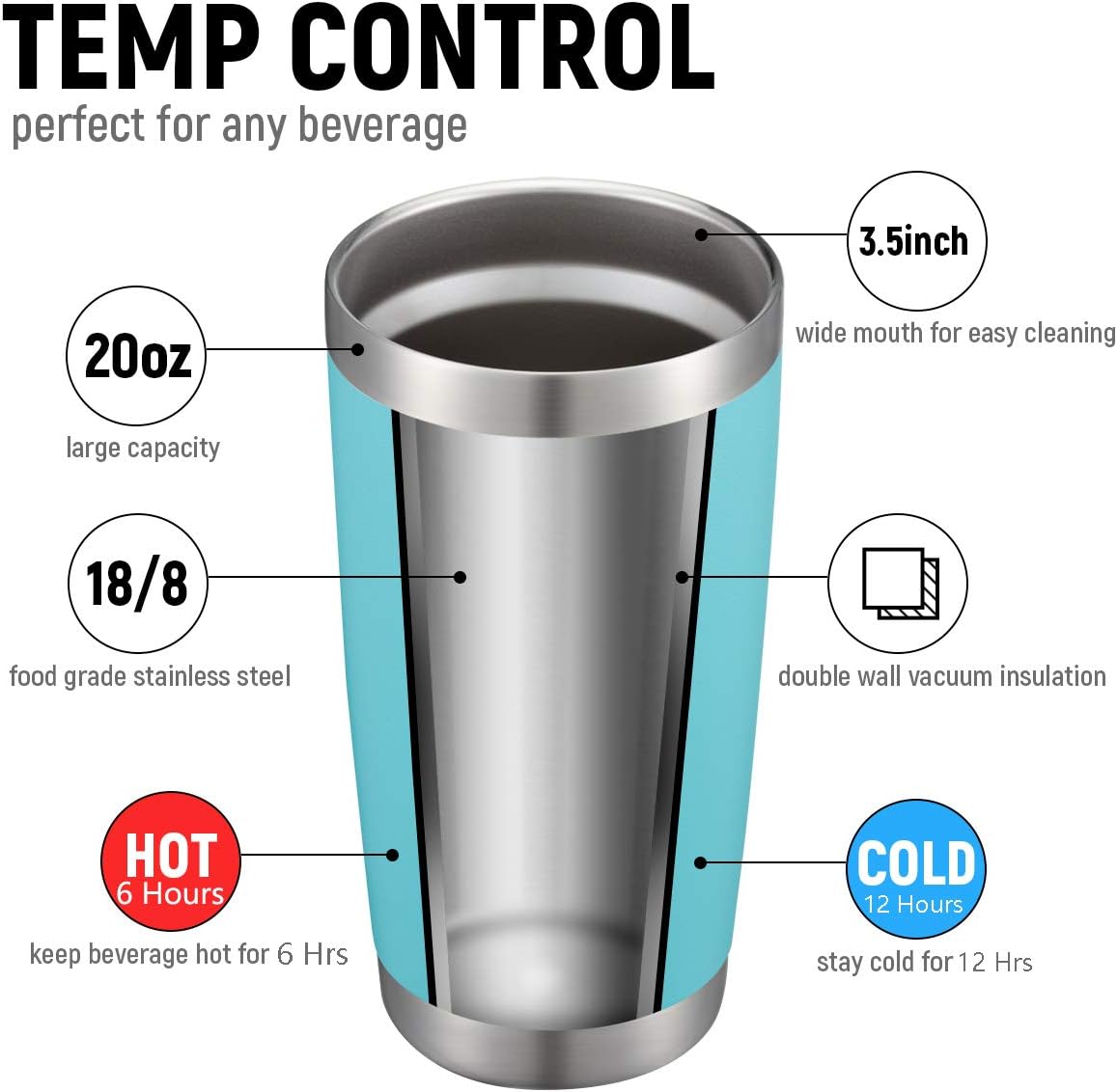 COMOOO 20oz Double Wall Vacuum Insulated Travel Mug, Stainless Steel Tumbler with Lid, Durable Powder Coated Insulated Coffee Cup for Cold & Hot Drinks, Light Blue
