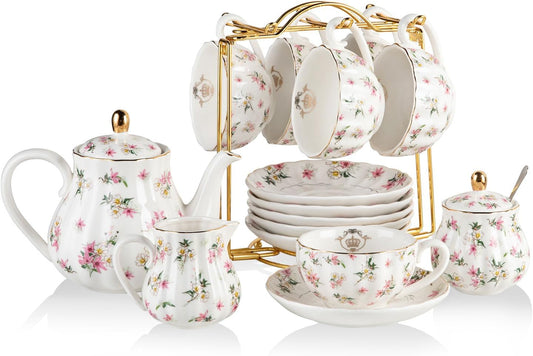 Porcelain Tea Sets British Royal Series, 8 OZ Cups & Saucer Service for 6, with Teapot Sugar Bowl Cream Pitcher Teaspoons and Tea Strainer, Suitable for High Tea, Wedding, Party（Spring Flowers）