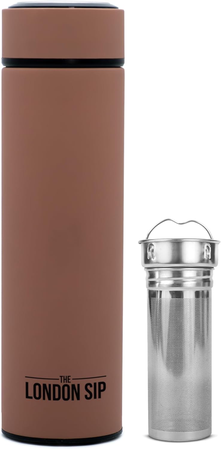 London Sip 16.9 oz Multi-Purpose Tea Infuser Mug – Fruit Infuser Water Bottle for Hot and Cold – Double Wall Stainless Steel Insulated, Mocha Brown