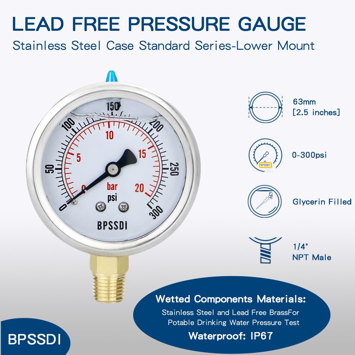0-300 Psi Glycerin Liquid Filled Pressure Gauge, 2.5" Dial Size, 1/4" NPT Lower Mount, 304 Stainless Steel Case, for Pool Pump Sand Filter Air Compressor, Water Oil Air Pressure Test