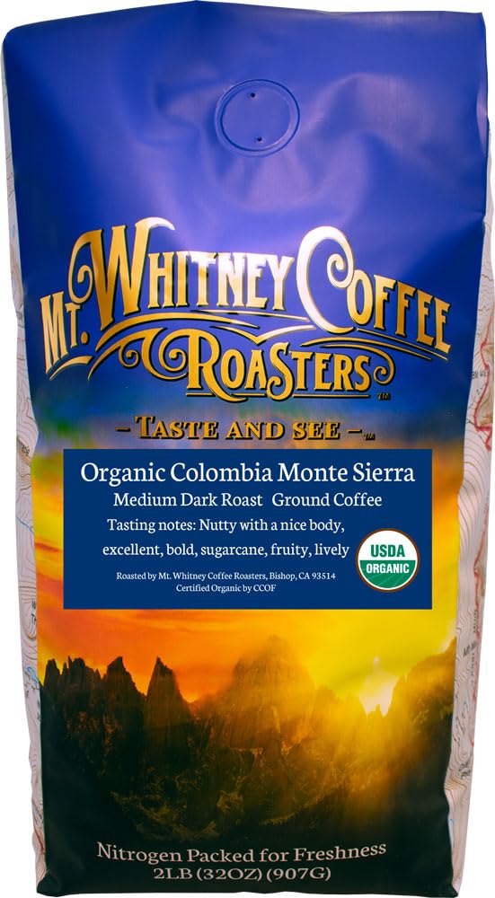 Mt. Whitney Colombia Monte Sierra Organic, Single Origin, Medium Dark Roast, Smooth Full Flavored, Low Acid Coffee (Ground, 2 Lb)