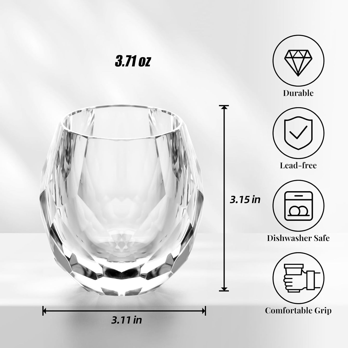 KAMMAK Crystal Whiskey Glasses Set of 2, Handcrafted Old Fashioned Glasses Stemless, 3.71oz Hand Blown White Cocktail Glasses, Engagement Gifts for Couples, Women, Men