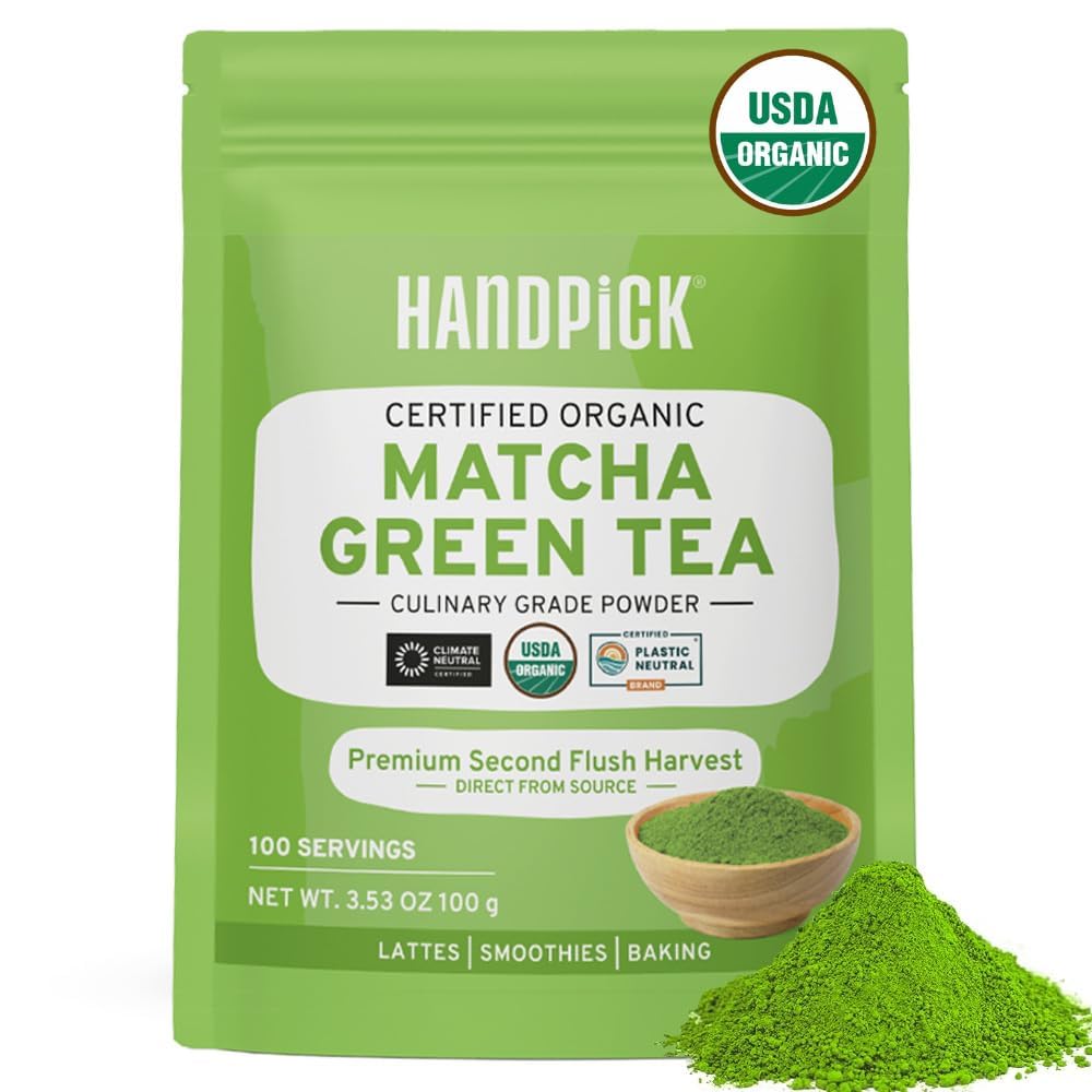 HANDPICK Japanese Organic Matcha Green Tea Powder (100 Servings) - Authentic Premium Second Flush Harvest | Resealable Ziplock Pouch