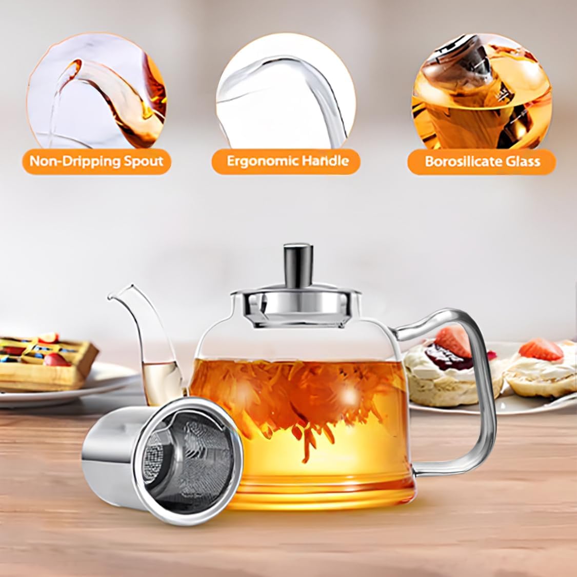 Glass Teapot 1600ml (54oz) - Borosilicate Glass Tea Kettle with Removable Stainless Steel Infuser, Stovetop Safe Heat-Resistant Tea Maker for Blooming and Loose Leaf Tea (1600ml)
