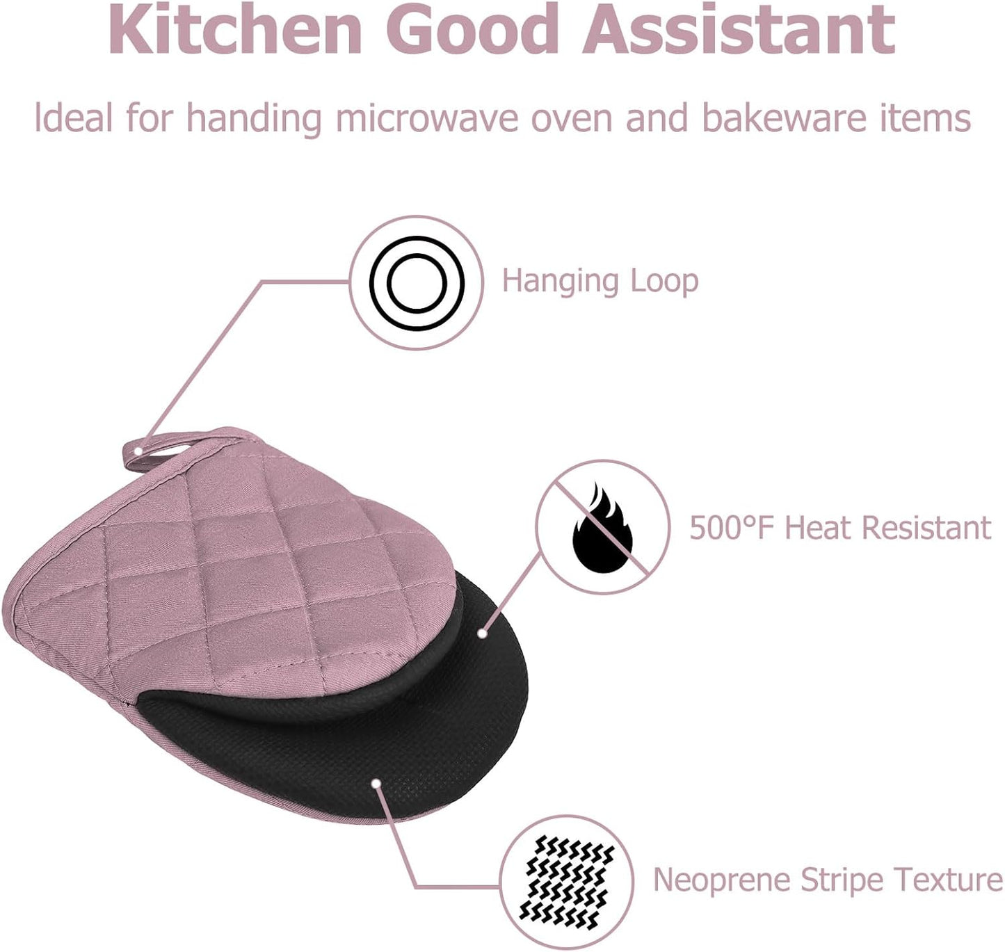 1 Pair Short Oven Mitts, Heat Resistant Silicone Kitchen Mini Oven Mitts for 500 Degrees, Non-Slip Grip Surfaces and Hanging Loop Gloves, Baking Grilling Barbecue Microwave Machine Washable