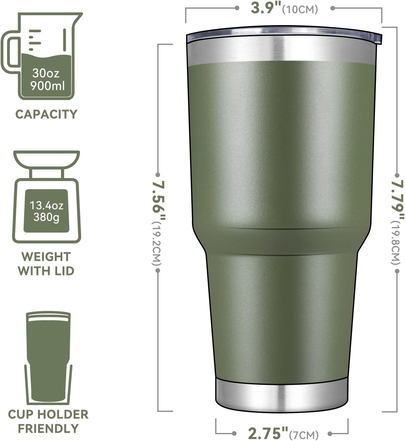 DOMICARE 30 oz Tumbler with Lid and Straw, Stainless Steel Tumblers Bulk, Insulated Vacuum Double Wall Travel Coffee Mug, Durable Powder Coated Tumbler Cup (Army Green, 1)