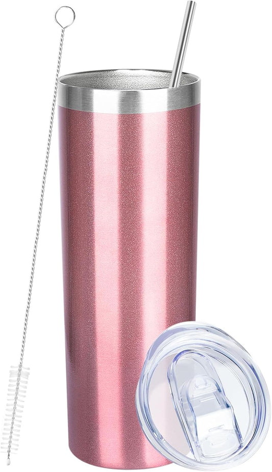 20 oz Skinny Tumblers with Lid and Straw,Stainless Steel Vacuum Insulated Tumbler Cup Double Wall Travel Coffee Mug, Thermal Water Tumbler for Hot and Cold Drinks(Rose Gold,1)