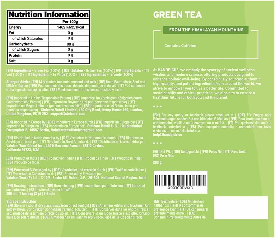 HANDPICK, Green Tea Bags - 100 Eco-Friendly Tea Bags | Resealable Pack for Freshness | Delicate & Flavory | Direct From India