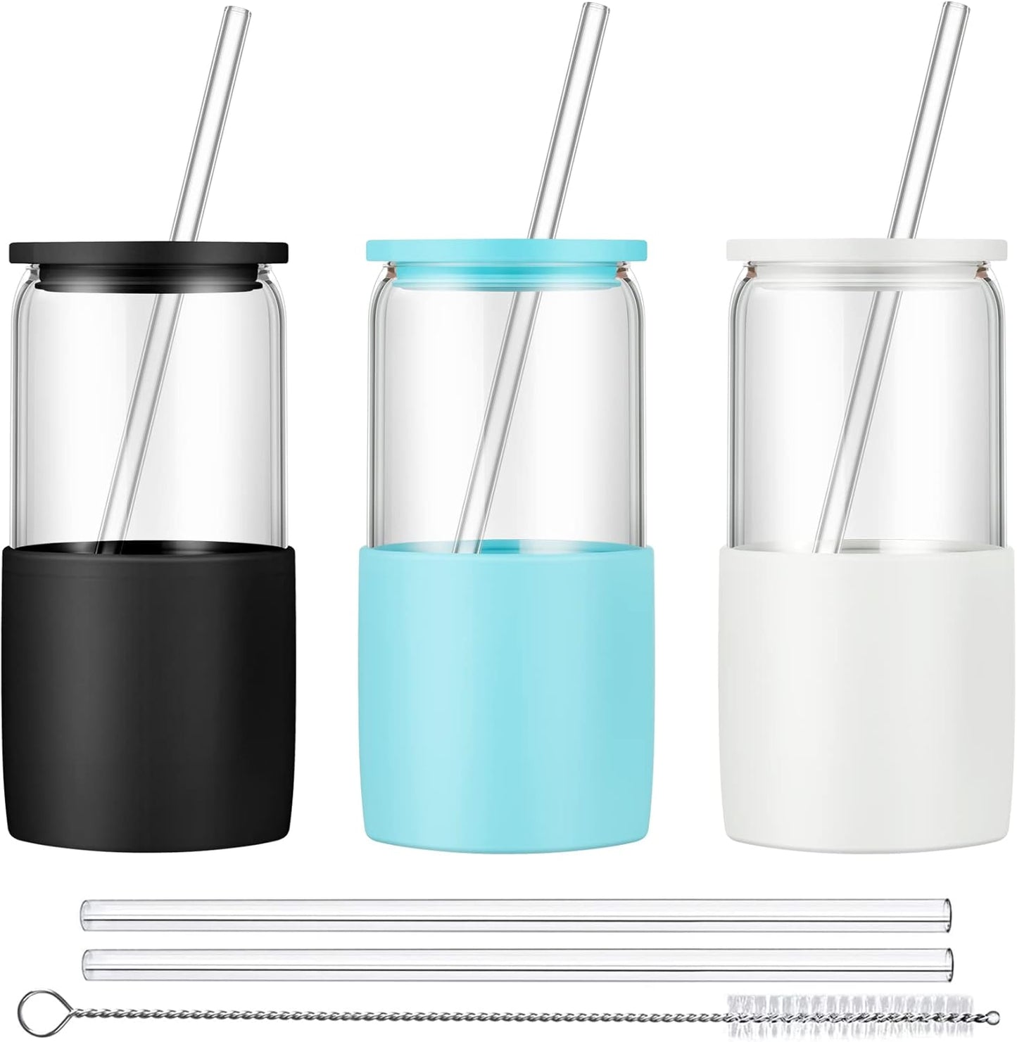 Sunseeke Glass Tumbler with Straw and Lid, 16oz Ice Coffee Cup, Silicone Sleeve Cleaning Brushes, Drinking Glasses for Water, Iced Coffee, Smoothie -BPA Free -3Pack