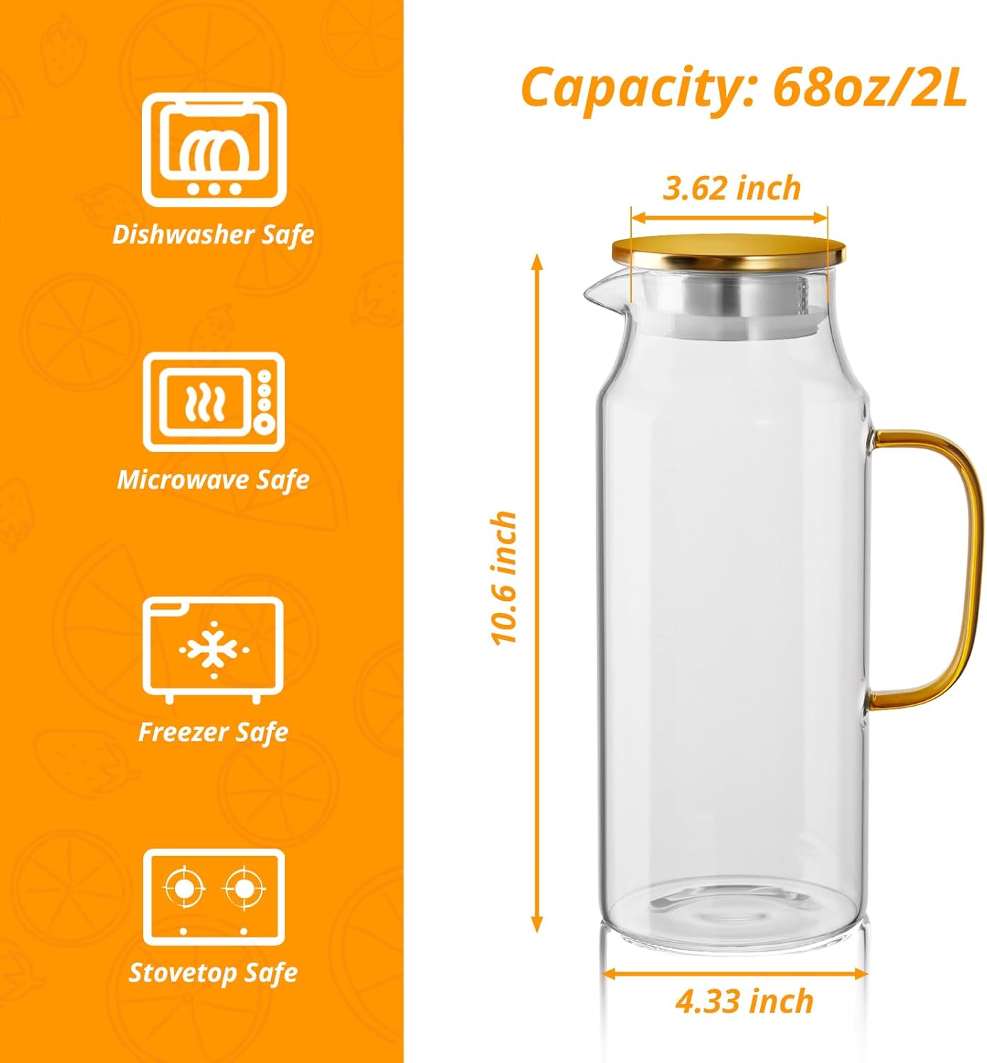 2 Liter 68 oz Glass Pitcher with Lid and Spout, Gold Glass Water Pitcher for Fridge, Glass Carafe for Hot/Cold Water, Large Jug for Iced Tea, Coffee, Juice and Homemade Beverage