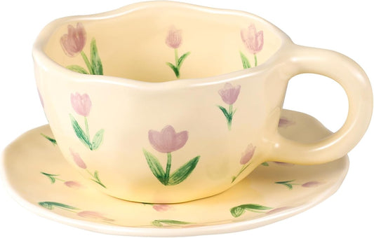 Cappuccino Cups with Saucers 8 oz Latte Art Cup Ceramics Coffee Mugs Irregular Aesthetic Flower Cups for Espresso, Double Shot, Americano, Latte, Tea - Microwave and Dishwasher Safe (Purple Tulips)