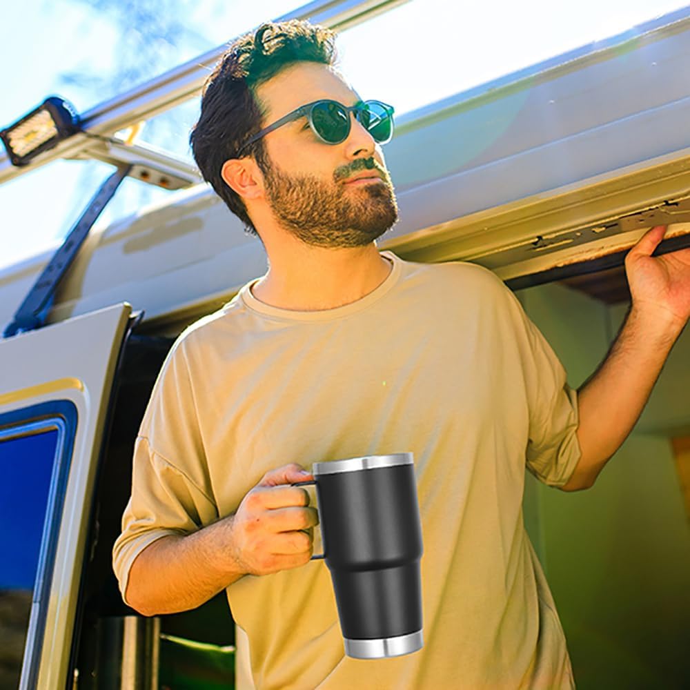 VEGOND 20 oz Tumbler Bulk with Handle Lid and Straw, Stainless Steel Insulated Travel Coffee Mug Set, Spill Proof Double Wall Metal Tumblers Cups, Powder Black 12 Pack