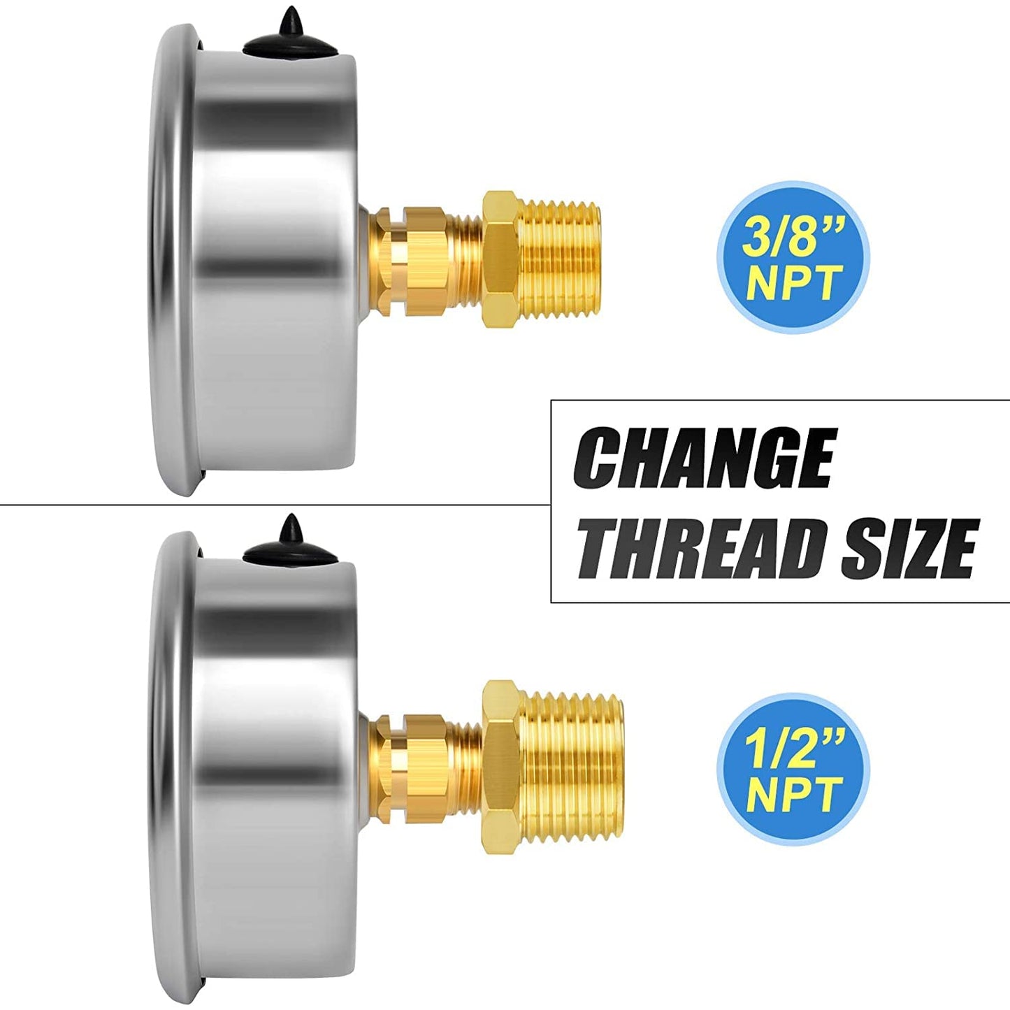 MEANLIN MEASURE 0~100Psi Stainless Steel 1/4" NPT 2.5" FACE DIAL Liquid Filled Pressure Gauge WOG Water Oil Air Back Mount (Pack of 2), with 1/2" NPT and 3/8" NPT Hex Bushing