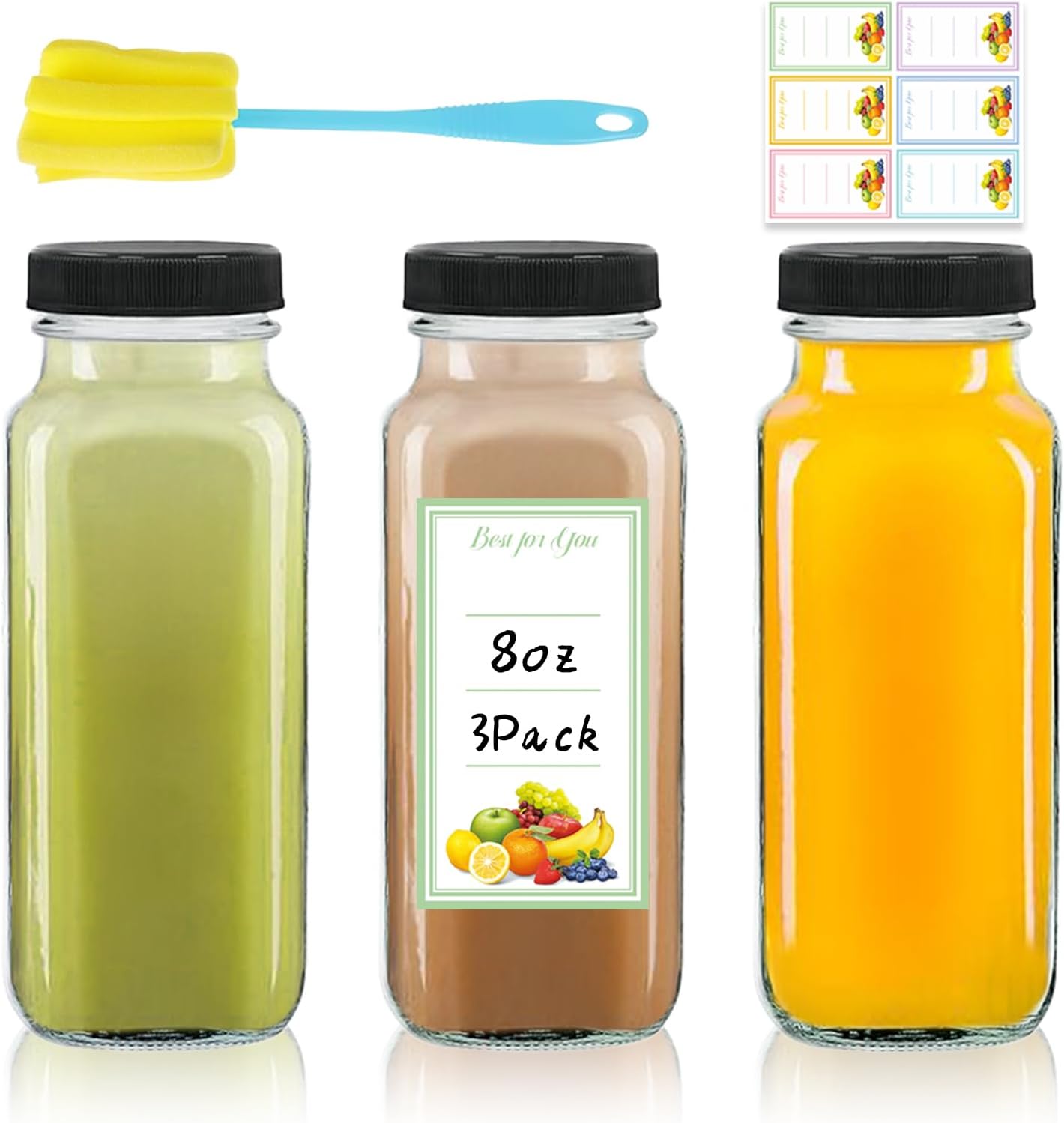 3 Pack 8oz Glass Juice Bottles with Lids, 250ml Reusable Glass Juicing Bottles, Square Drinking Jars Drink Containers with Caps for Water, Milk, Ginger, Kombucha, Beverages