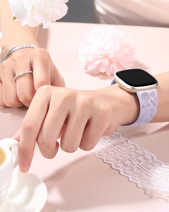 SNBLK 2 Pack Engraved Bands Only Compatible with Fitbit Versa 3/Fitbit Sense/Fitbit Versa 4/Fitbit Sense 2 Bands Four Models, Sunflower Rose Elegant Soft TPU Floral Pattern Replacement Strap Women