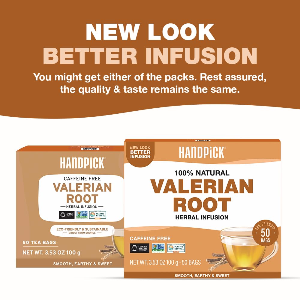 HANDPICK, Valerian Root Tea Bags (Valeriana) 50 Count | Non-GMO, Caffeine Free, Real Ingredients | Earthy/Woody Herbal Tea Bags | Round Eco-conscious Teabags