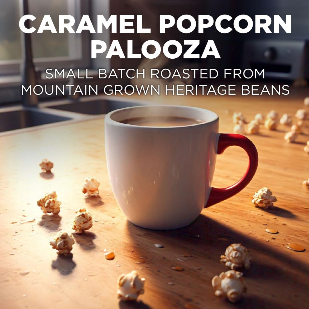 Maud's Caramel Popcorn Flavored Coffee Pods, 18 ct, Medium Roast Flavored Coffee in Recyclable Single Serve Pods – 100% Arabica Beans, Compatible with Keurig K Cups Maker