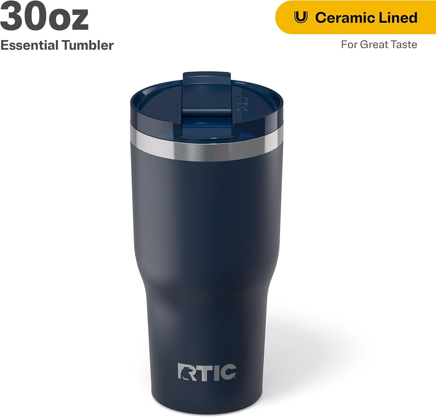 RTIC 30oz Essential Tumbler with Lid, Insulated, Stainless Steel, Metal, Double Wall Vacuum-Insulation, Ceramic Lined, Travel Cup for Iced Coffee, Tea, Hot and Cold Drink, Navy