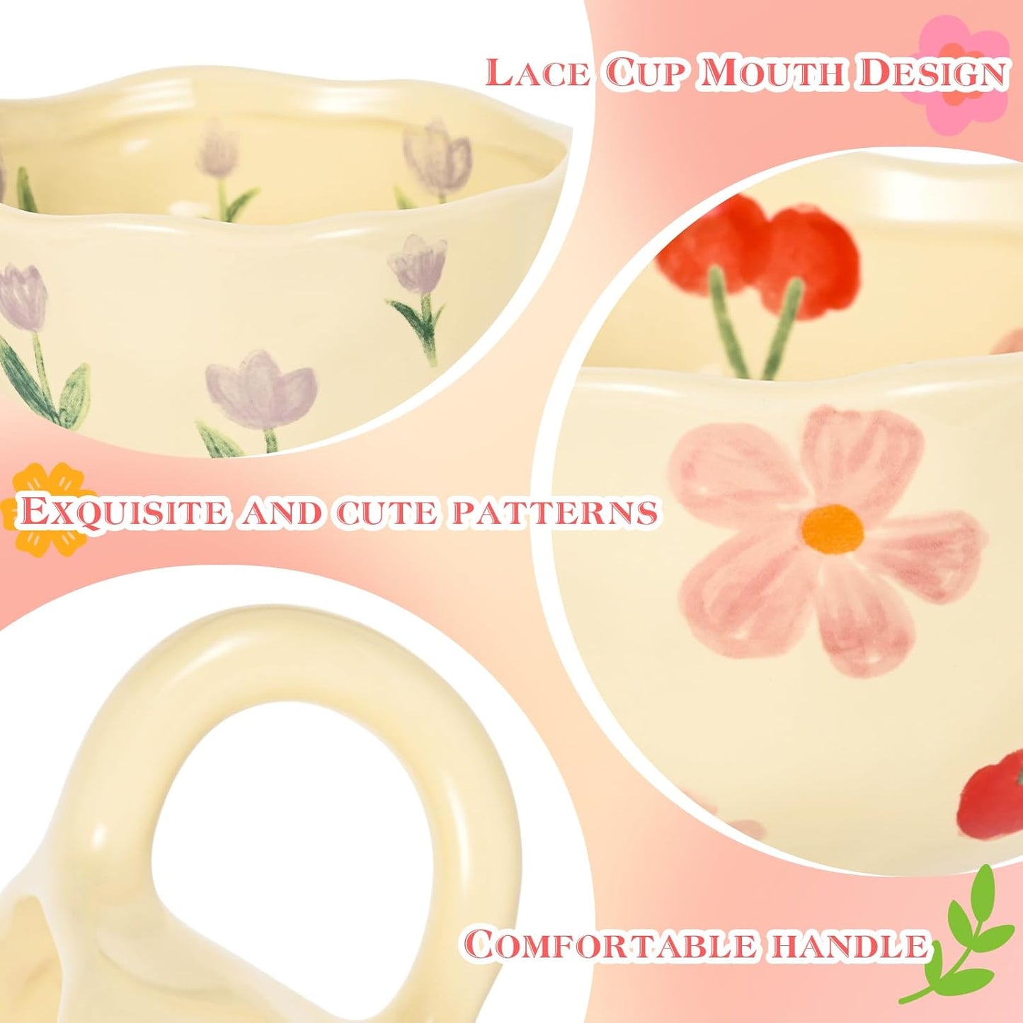 Ceramic Coffee Mug Vintage Flower Mugs 8 oz Cute Floral Coffee Mugs Irregular Latte Art Cup Lead-free Porcelain Cups for Cappuccino, Cocoa (Pink Cherry, Purple Tulips)