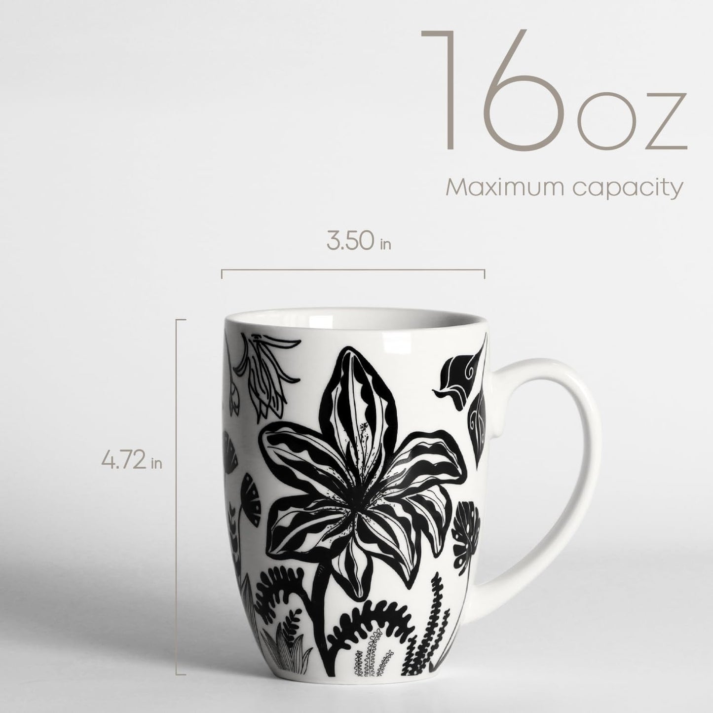 16oz Black and White Boho Floral Mug - Unique Coffee Mugs and Tea Cup, Novelty Ceramic Cups Gifts for Women and Men.