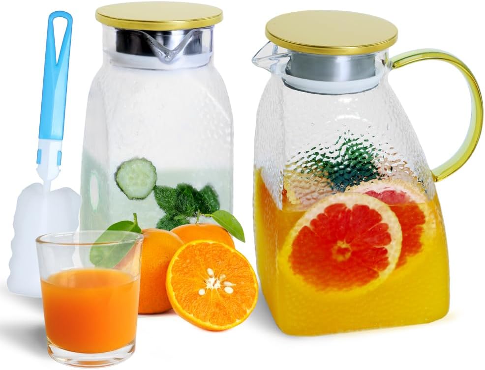 2PCS Glass Pitcher for Fridge, Goteble 1800ML / 60Oz Water Pitcher with Lid, Cold Beverage Jug Suit for Fridge Side Door