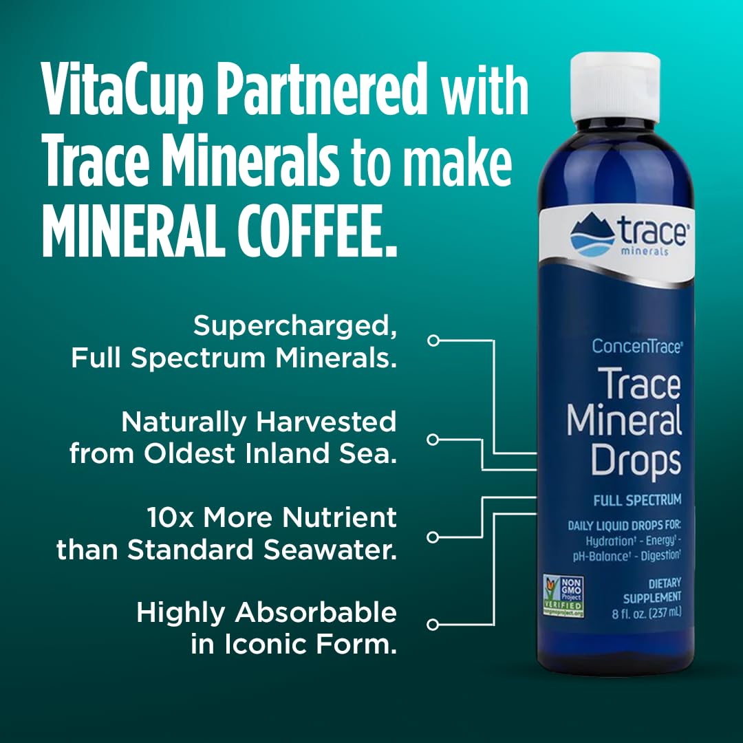 VitaCup Mineral Coffee with Trace Minerals, Hydrate, Replenish & Restore w/All Natural Sea Minerals, Electrolytes, Organic, Single Origin, Medium Dark Roast, Ground Coffee, 6 Bags 10oz Each