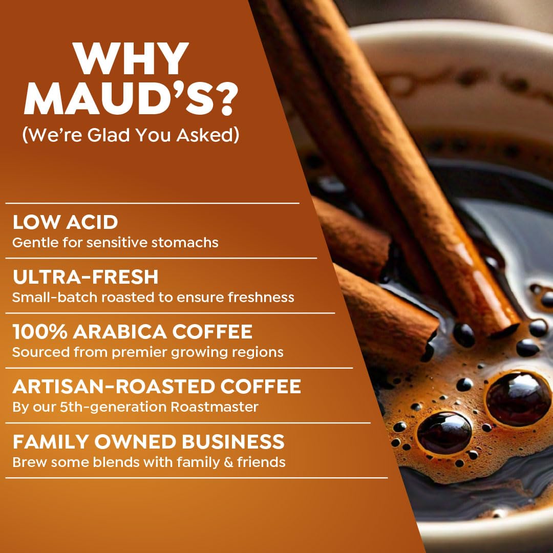 Maud's Cinnamon Roll Flavored Coffee Pods, 18 ct, Medium Roast Flavored Coffee in Recyclable Single Serve Pods – 100% Arabica Beans, Compatible with Keurig K Cups Maker