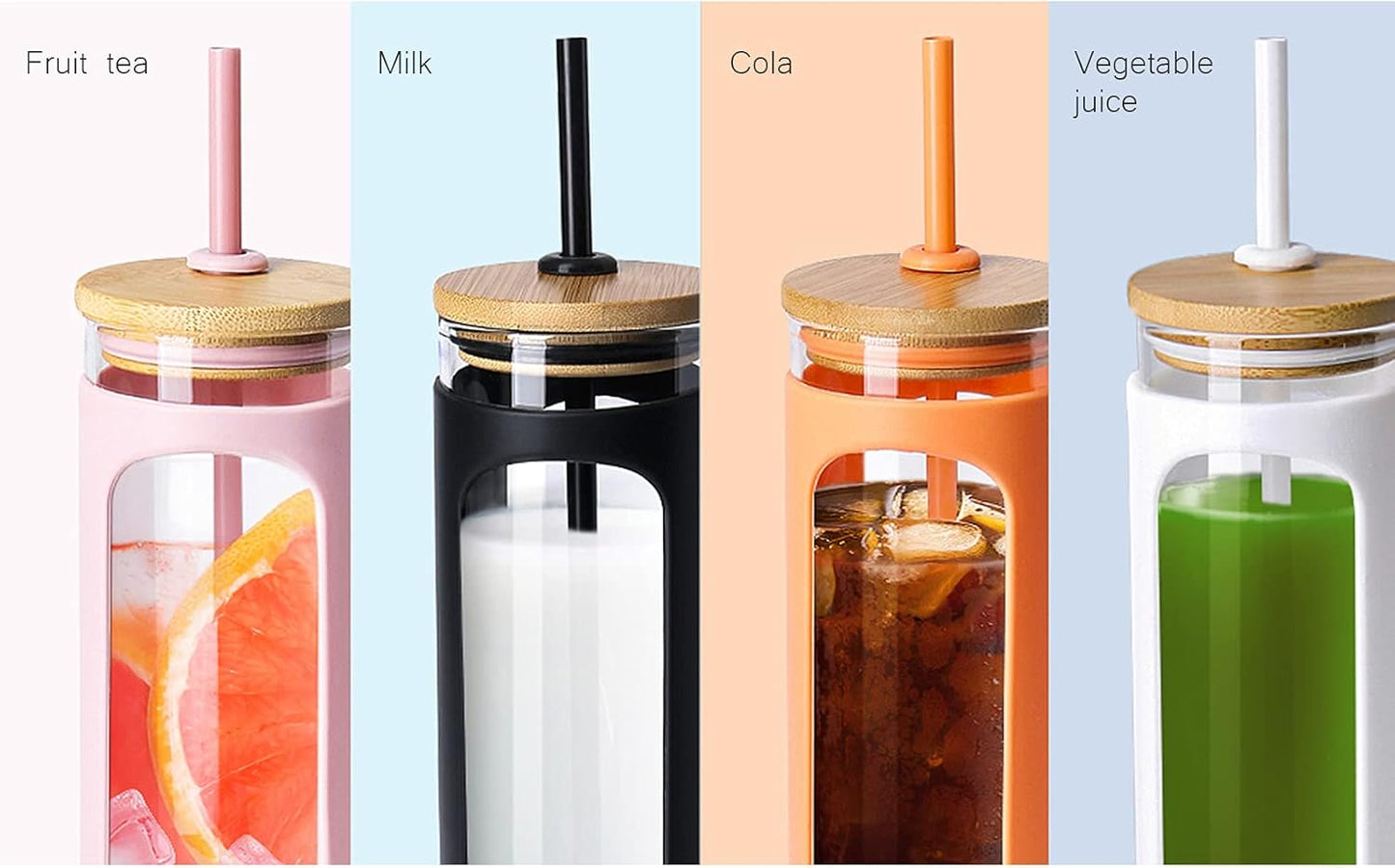 Kodrine 20oz Glass Water Tumbler with Straw and Lid, Bamboo Lids Water Bottle, Iced Coffee Cup Reusable, Wide Mouth Smoothie Cups with Protective Silicone Sleeve BPA FREE-Orange