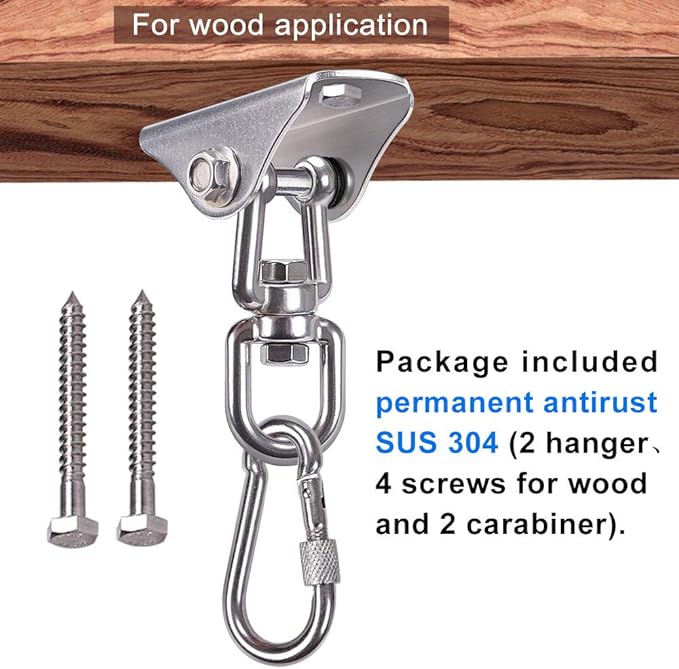 SELEWARE Swing Hangers Stainless Steel Swing Hooks Swivel Swing Mount Hardware w/Carabiners for Porch Swing Sets Hammock Chair Heavy Bag Yoga Silk Suspension Straps 1000 LB Capacity Each 2 Pack