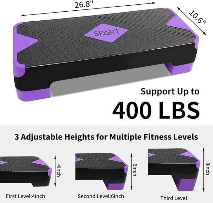 SPART Adjustable Workout Aerobic Stepper 4 Risers, 3 Levels 4" - 6" - 8", 26.77" 26.77" Trainer
